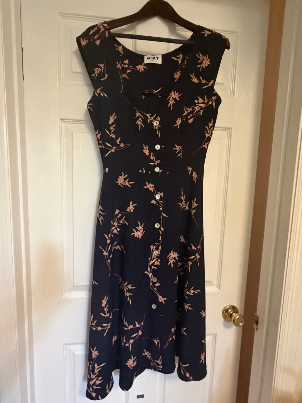 Scout Goods “Tea Dress” Navy Floral Button-Front Midi Dress